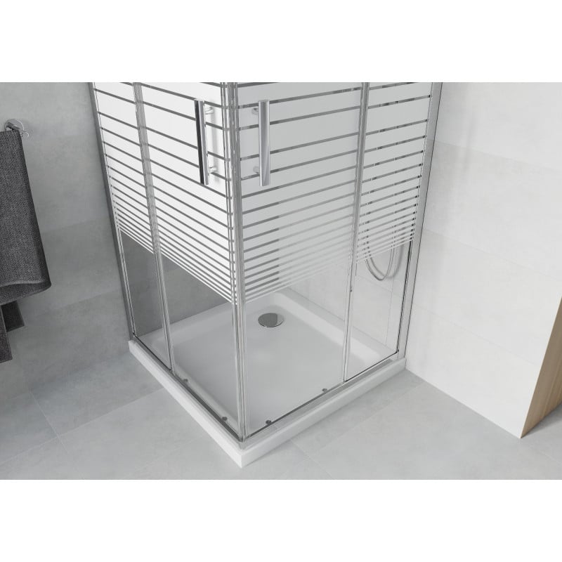 Mexen Rio 80 x 80 cm-es négyzet alakú zuhanykabin, fehér csíkok, króm + Flat fehér zuhanytálca - 860-080-080-01-20-4010