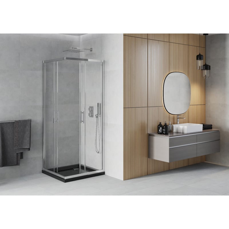 Mexen Rio cabina de duș pătrată 90 x 90 cm, transparentă, crom + cadă de duș Flat, neagră - 860-090-090-01-00-4070