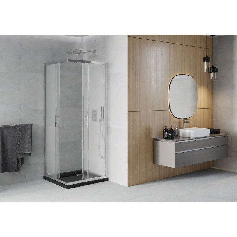 Mexen Rio cabina de duș pătrată 80 x 80 cm, mat, crom + cadă Flat, negru - 860-080-080-01-30-4070