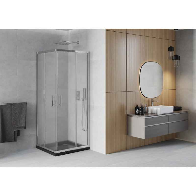 Mexen Rio négyzet alakú zuhanykabin 90 x 90 cm, jégvirág, króm + Flat zuhanytálca, fekete - 860-090-090-01-30-4070