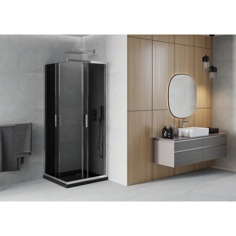 Mexen Rio cabina de duș pătrată 80 x 80 cm, grafit, crom + cadă Flat, negru - 860-080-080-01-40-4070