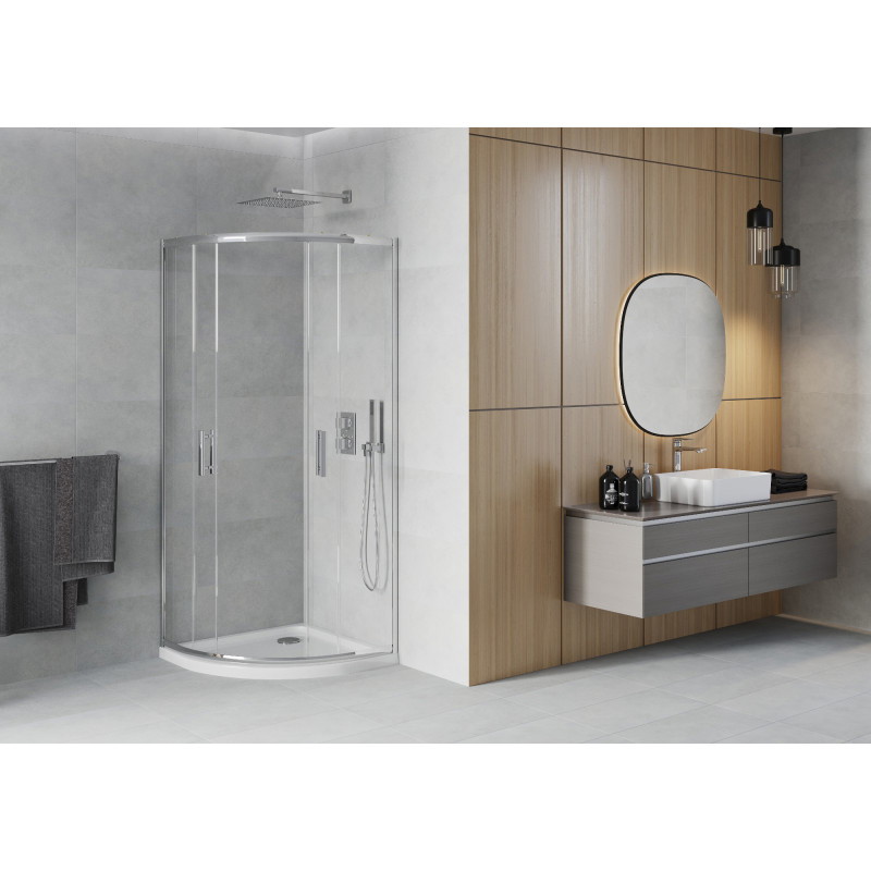 Mexen Rio 90 x 90 cm-es félköríves zuhanykabin, átlátszó, króm + Flat fehér zuhanytálca - 863-090-090-01-00-4110