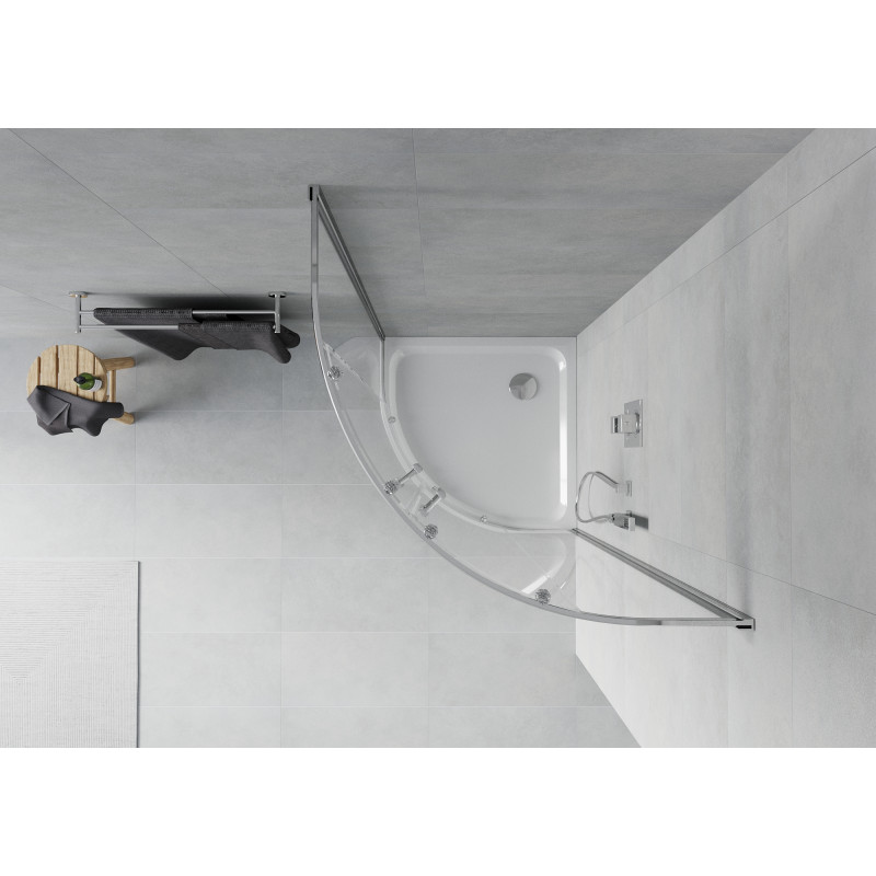 Mexen Rio 90 x 90 cm-es félköríves zuhanykabin, átlátszó, króm + Flat fehér zuhanytálca - 863-090-090-01-00-4110