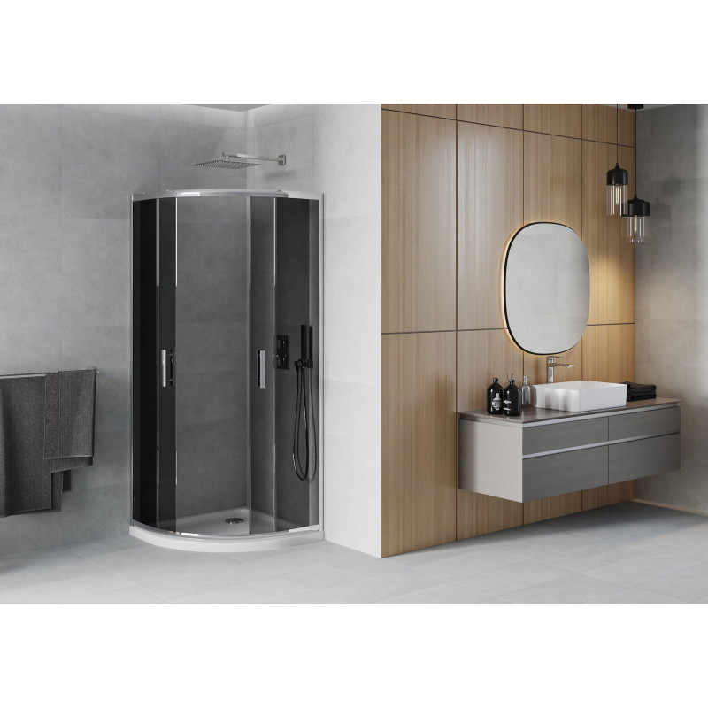 Mexen Rio cabina de duș semirotundă 90 x 90 cm, grafit, crom + cadă de duș Flat, alb - 863-090-090-01-40-4110