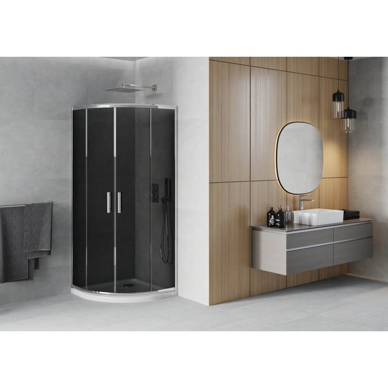 Mexen Rio cabina de duș semirotundă 90 x 90 cm, grafit, crom + cadă de duș Flat, alb - 863-090-090-01-40-4110