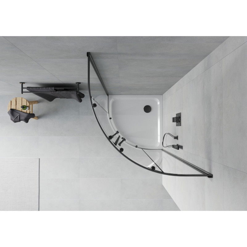 Mexen Rio félköríves zuhanykabin 90 x 90 cm, átlátszó, fekete + Flat zuhanytálca, fehér - 863-090-090-70-00-4110B