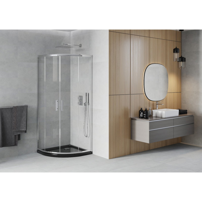 Mexen Rio 80 x 80 cm félköríves zuhanykabin, átlátszó, króm + Flat zuhanytálca, fekete - 863-080-080-01-00-4170
