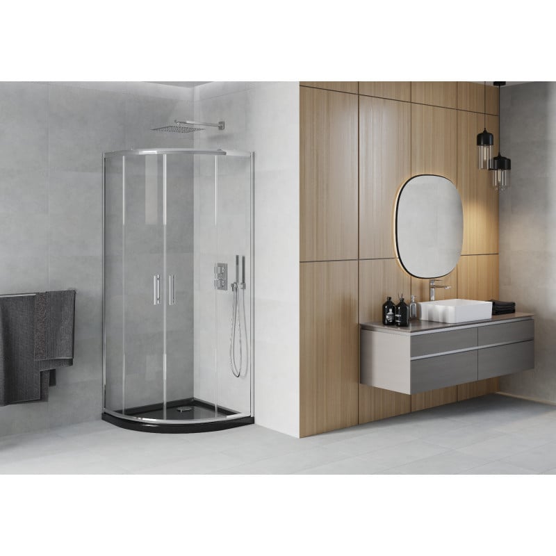 Mexen Rio cabina de duș semirotundă 80 x 80 cm, transparentă, crom + cadă de duș Flat, negru - 863-080-080-01-00-4170
