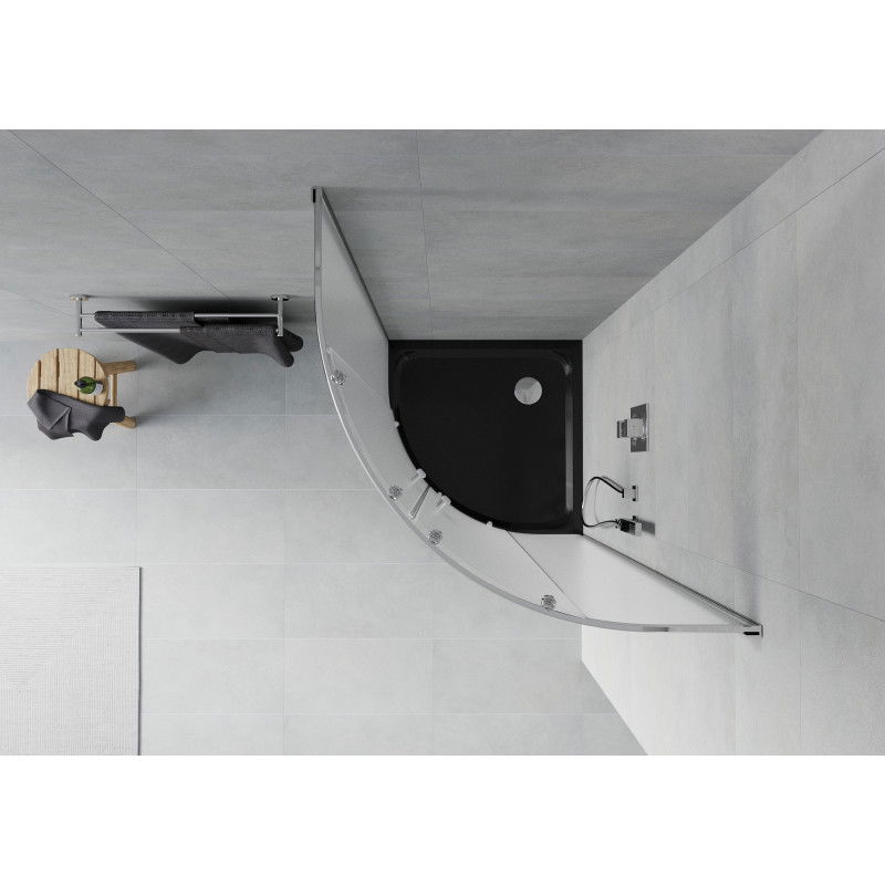 Mexen Rio félkör alakú zuhanykabin 90 x 90 cm, zúzmarás, króm + Flat zuhanytálca, fekete - 863-090-090-01-30-4170