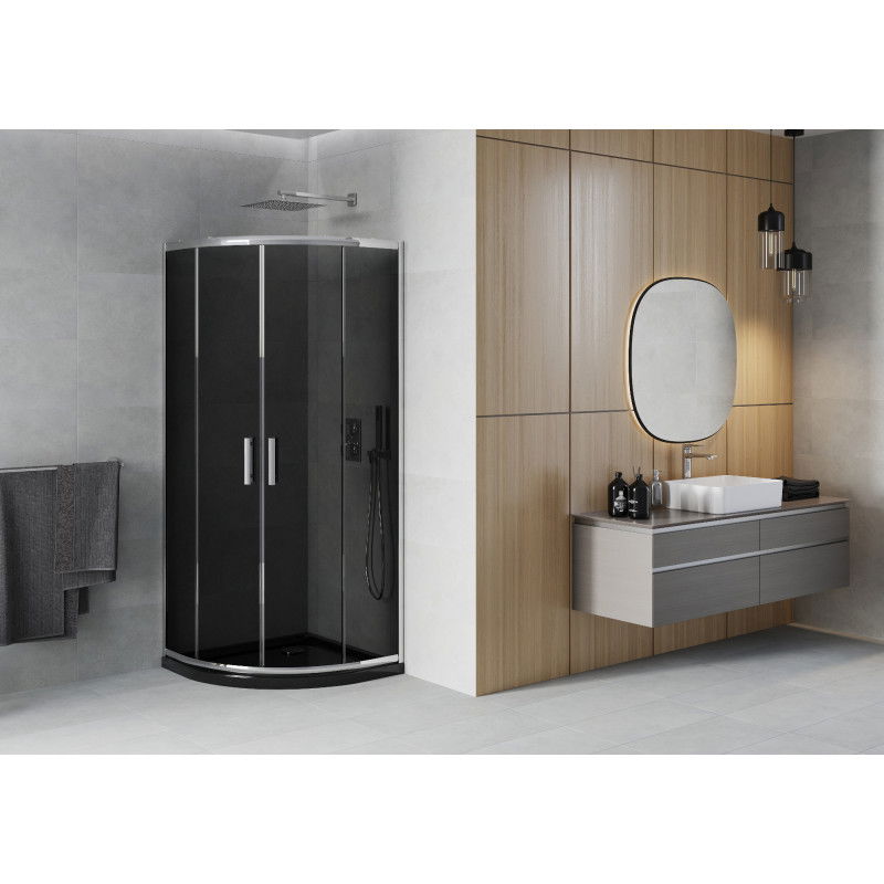 Mexen Rio cabina de duș semirotundă 80 x 80 cm, grafit, crom + cadă de duș Flat, negru - 863-080-080-01-40-4170