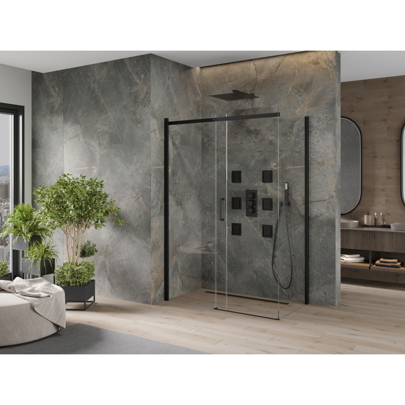 Mexen Omega 160 x 90 cm-es tolóajtós zuhanykabin, átlátszó, fekete - 825-160-090-70-00