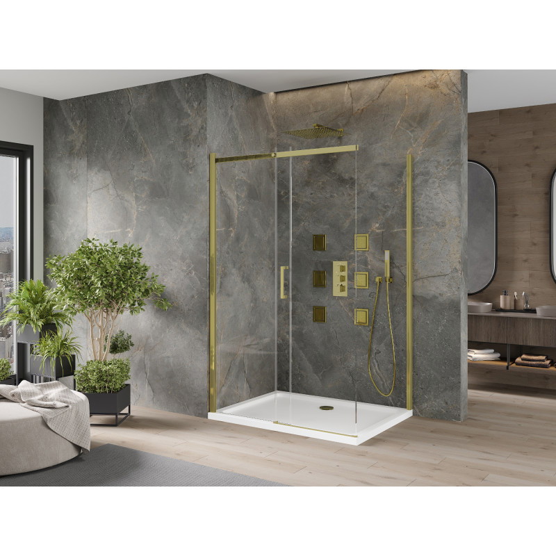 Mexen Omega 110 x 90 cm-es toló zuhanykabin, átlátszó, arany + Flat zuhanytálca - 825-110-090-50-00-4010