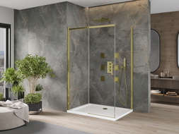 Mexen Omega cabina de duș glisantă 110 x 100 cm, transparentă, auriu + cadă de duş Flat - 825-110-100-50-00-4010