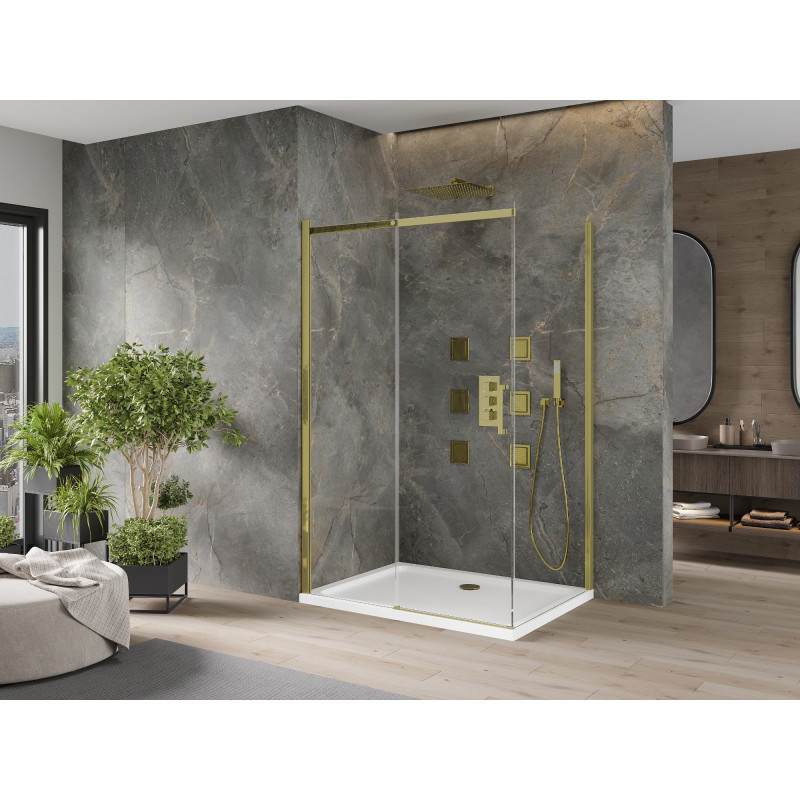 Mexen Omega cabina de duș glisantă 120 x 80 cm, transparentă, aurie + cadă Flat - 825-120-080-50-00-4010