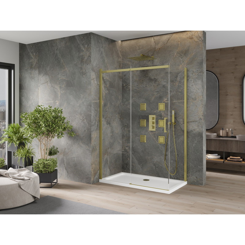 Mexen Omega 130 x 70 cm-es, tolóajtós zuhanykabin, átlátszó, arany + Flat zuhanytálca - 825-130-070-50-00-4010