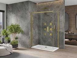 Mexen Omega cabină de duș extensibilă 140 x 70 cm, transparent, Aurie + cadă de duș Flat - 825-140-070-50-00-4010