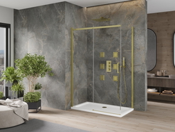 Mexen Omega cabina de duș glisantă 140 x 80 cm, transparentă, auriu + cadă de duș Flat - 825-140-080-50-00-4010