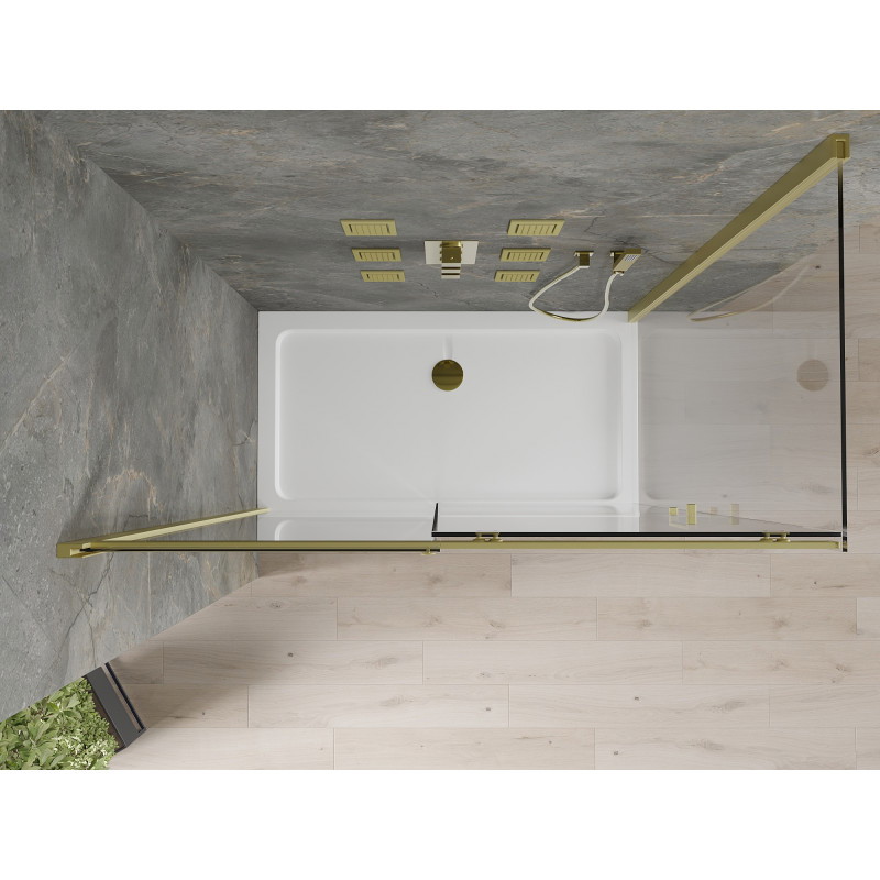Mexen Omega 140 x 80 cm-es, áttetsző, arany tolóajtós zuhanykabin + Flat zuhanytálca - 825-140-080-50-00-4010