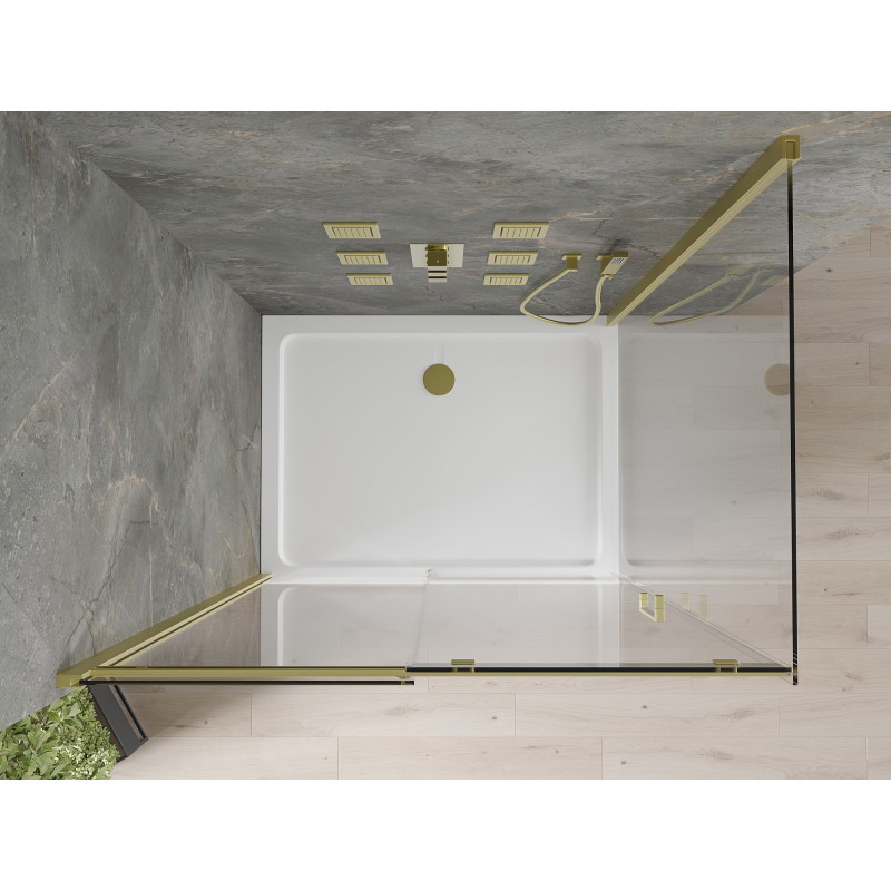 Mexen Omega 140 x 100 cm-es tolóajtós zuhanykabin, átlátszó, arany + Flat zuhanytálca - 825-140-100-50-00-4010