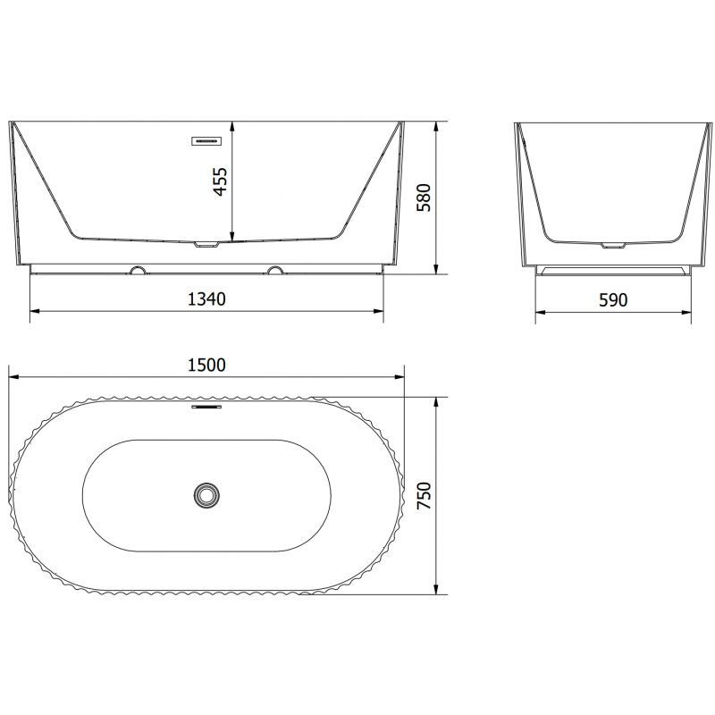 Mexen Paola cadă de baie independentă canelată 150 x 75 cm, alb mat, preaplin nichel periat - 52721507501-97