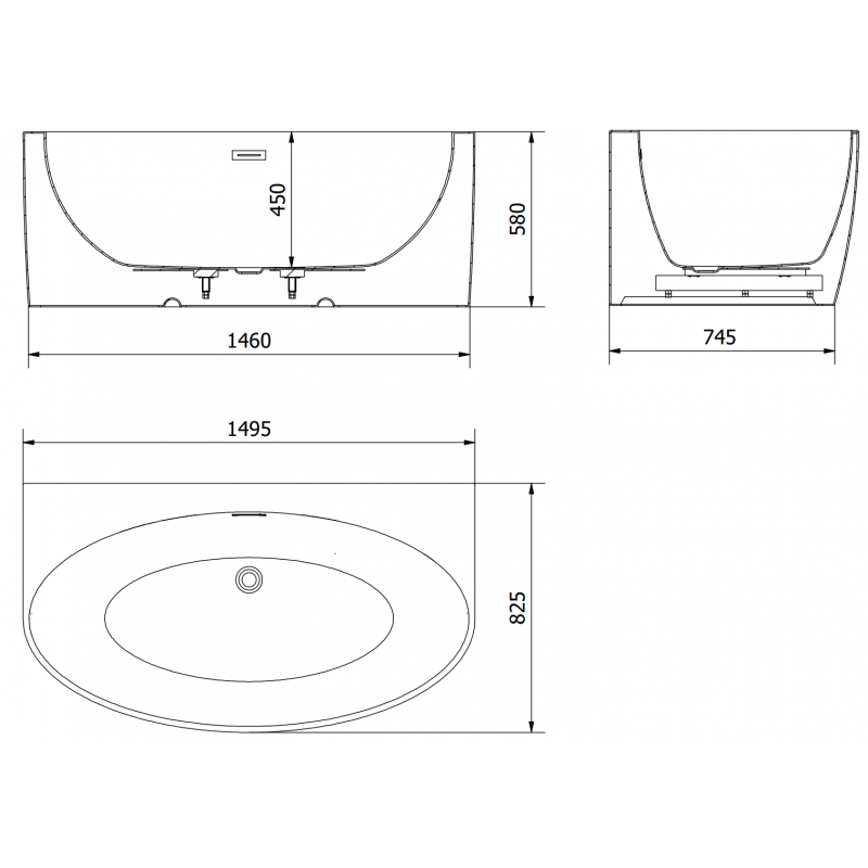 Mexen Bruna szabadon álló, falra szerelhető kád 150 x 82 cm, fényes fehér, króm túlfolyó - 52731508200-01
