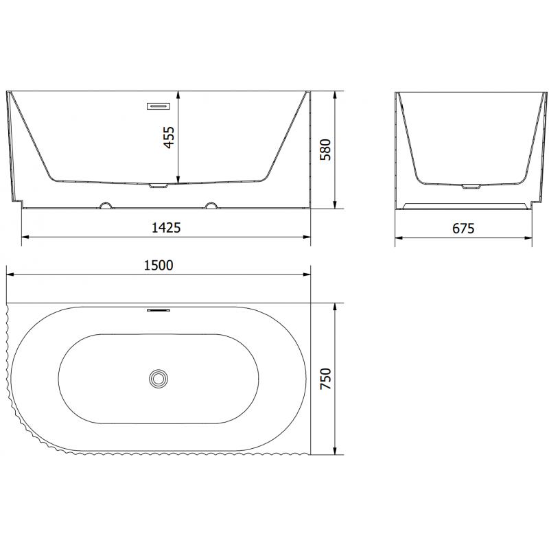 Mexen Gia szabadon álló sarokkád bordázott jobb 150 x 75 cm, fényes fehér, réz túlfolyó - 52701507500P-65