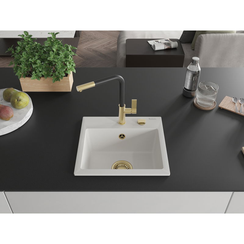 Mexen Milo egy tálcás gránit mosogatótálca Flora konyhai csappal, fehér - 6505-20-670401-57-G