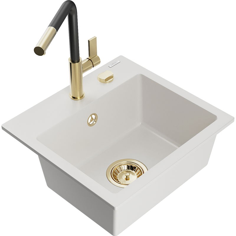 Mexen Milo egy tálcás gránit mosogatótálca Flora konyhai csappal, fehér - 6505-20-670401-57-G