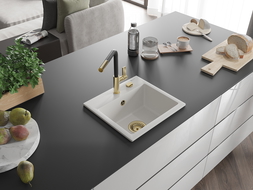 Mexen Milo chiuvetă de granit cu 1 compartiment și baterie de bucătărie Flora, alb - 6505-20-670401-57-G