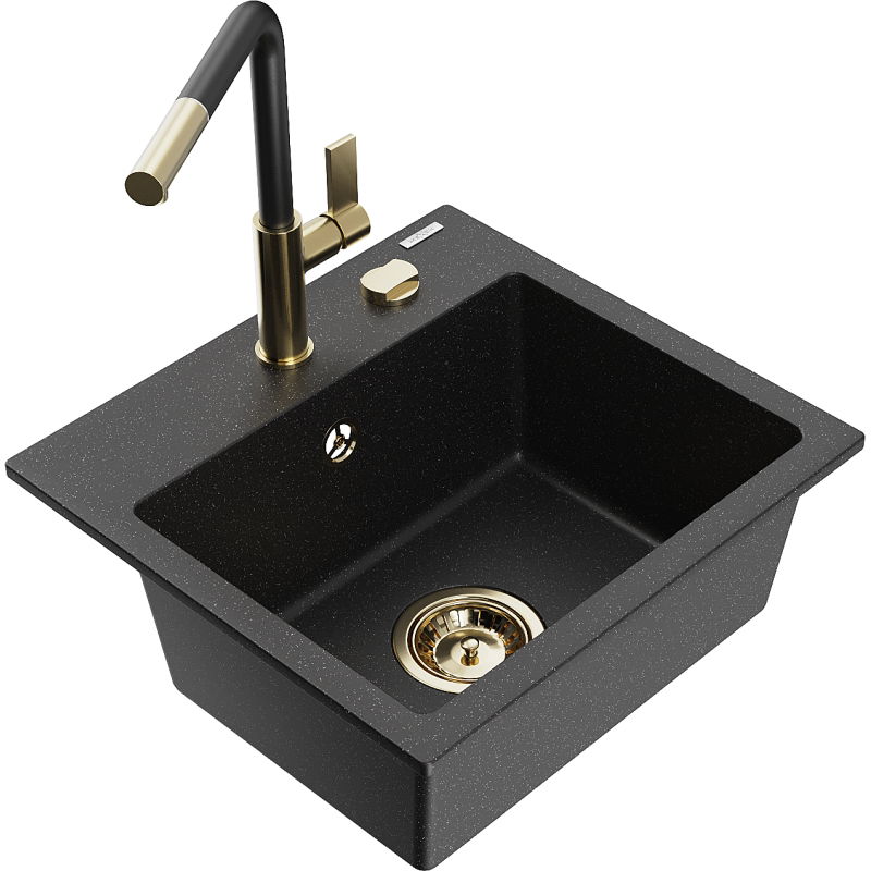 Mexen Milo chiuvetă granit 1-cu grâu cu baterie de bucătărie Flora, negru/metalic argintiu - 6505-73-670401-57-G