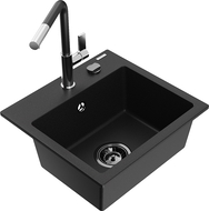 Mexen Milo chiuvetă de granit cu 1 compartiment și baterie de bucătărie Flora, negru - 6505-77-670401-07-B