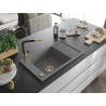 Mexen Elias chiuvetă de bucătărie din granit cu 1 compartiment cu scurgător și baterie Flora, gri - 6511-71-670401-57-G