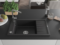 Mexen Elias chiuvetă de granit 1-cameră cu scurgător și baterie de bucătărie Flora, metal negru/argintiu - 6511-73-670401-00