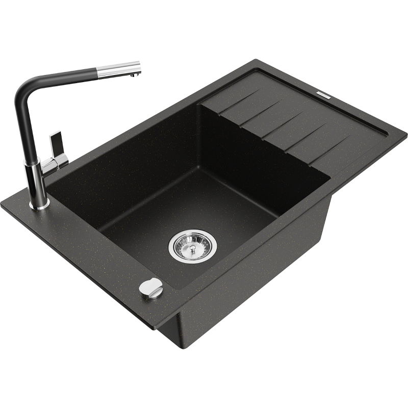 Mexen Elias chiuvetă de granit cu 1 cuvă și scurgător și baterie de bucătărie Flora, negru/auriu metalic - 6511-75-670401-07