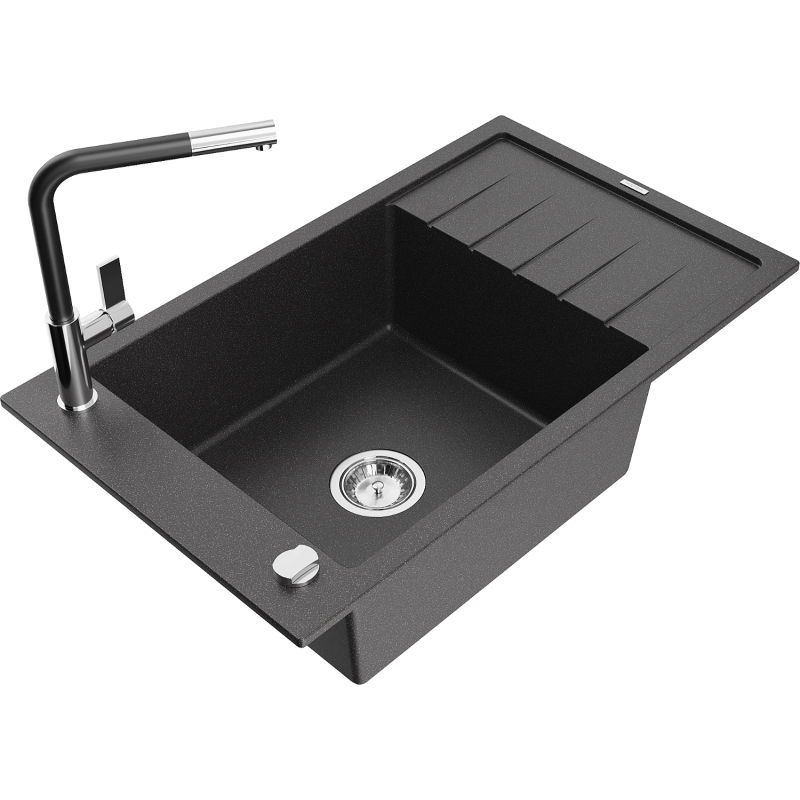 Mexen Elias chiuvetă de granit cu 1 cuvă și picurător și baterie bucătărie Flora, negru pătat - 6511-76-670401-07