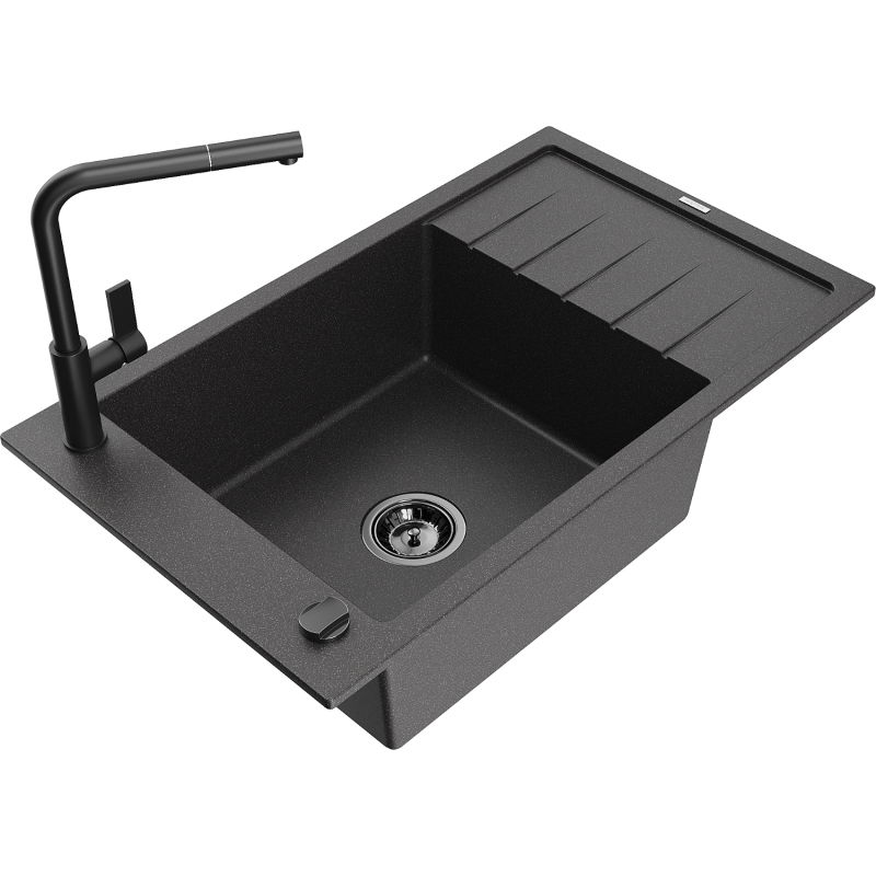Mexen Elias chiuvetă de bucătărie din granit 1-cameră cu scurgător și baterie Flora, negru pătate - 6511-76-670401-70-B