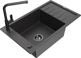 Mexen Elias chiuvetă din granit cu 1 compartiment, cu scurgător și baterie de bucătărie Flora, negru cu picățele