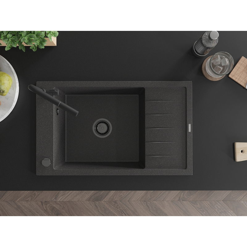 Mexen Elias chiuvetă din granit cu 1 compartiment, cu scurgător și baterie de bucătărie Flora, negru cu picățele