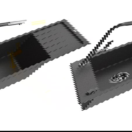 Mexen Elias 1-medencés gránit mosogató csepegtetővel és Flora konyhai csappal, fekete, pöttyös - 6511-76-670401-75-B