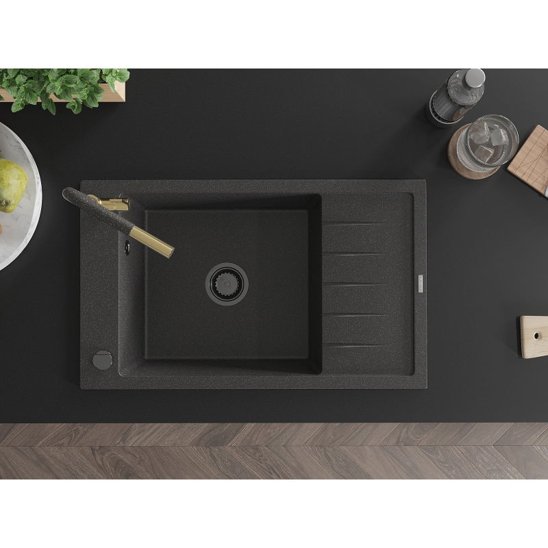 Mexen Elias 1-medencés gránit mosogató csepegtetővel és Flora konyhai csappal, fekete, pöttyös - 6511-76-670401-75-B