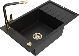 Mexen Elias chiuvetă de granit cu 1 compartiment, cu scurgător și baterie de bucătărie Flora, negru - 6511-77-670401-57-G