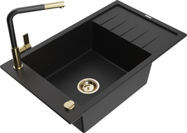Mexen Elias chiuvetă granitică cu 1 compartiment cu scurgător și baterie de bucătărie Flora, negru - 6511-77-670401-57-G