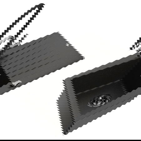 Mexen Cesar chiuvetă granit 1-cameră cu scurgător și baterie de bucătărie Duo, negru/auriu metalic - 6514-75-671701-07-B