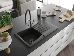 Mexen Cesar chiuvetă granit 1-cameră cu scurgător și baterie de bucătărie Duo, negru/auriu metalic - 6514-75-671701-07-B