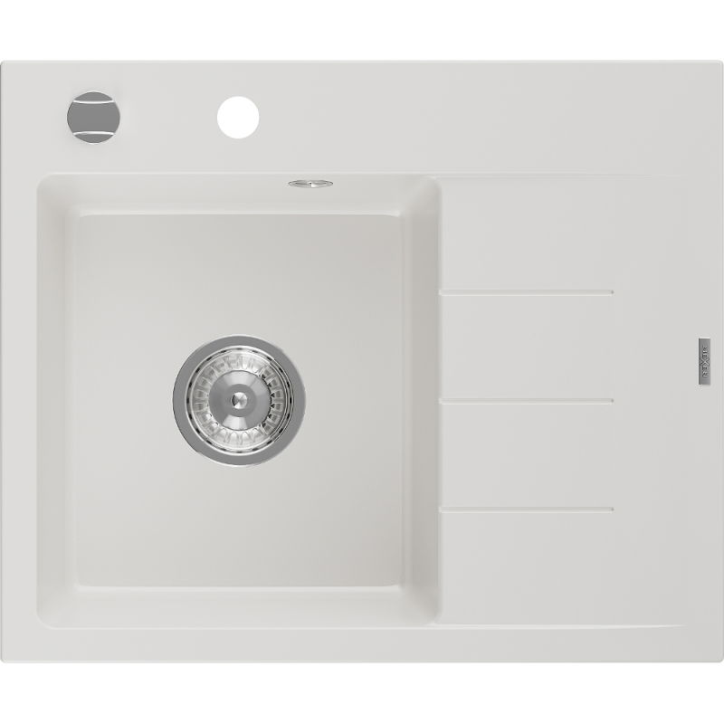 Mexen Ben chiuvetă de granit cu o cuvă și picurător, stânga 600 x 500 mm, alb, sifon crom - 6522605000-20