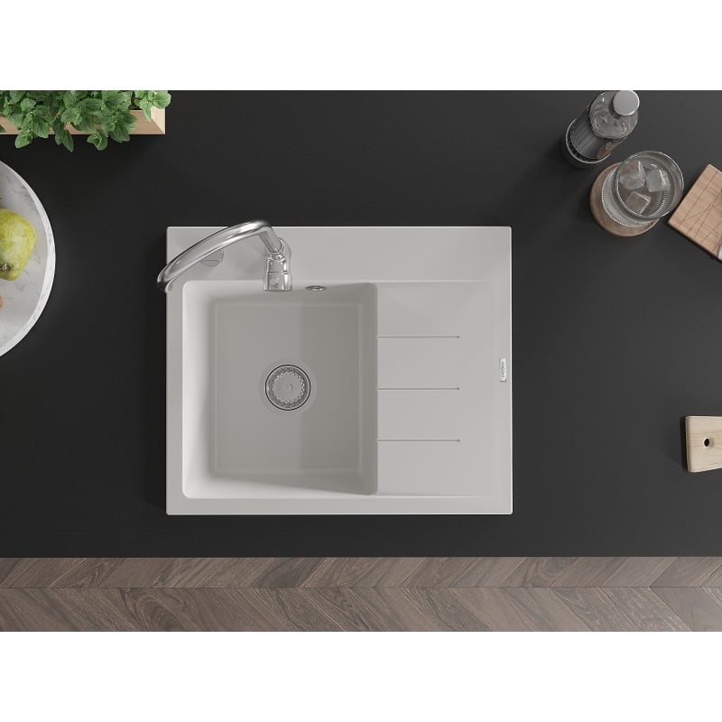 Mexen Ben chiuvetă de granit cu o cuvă și picurător, stânga 600 x 500 mm, alb, sifon crom - 6522605000-20