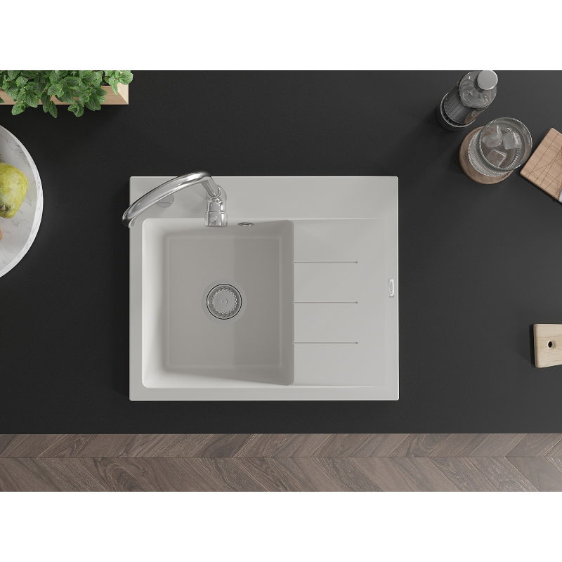 Mexen Ben gránit mosogató 1 rekeszes csepegtetővel, bal oldali 600 x 500 mm, fehér, króm szifon - 6522605000-20