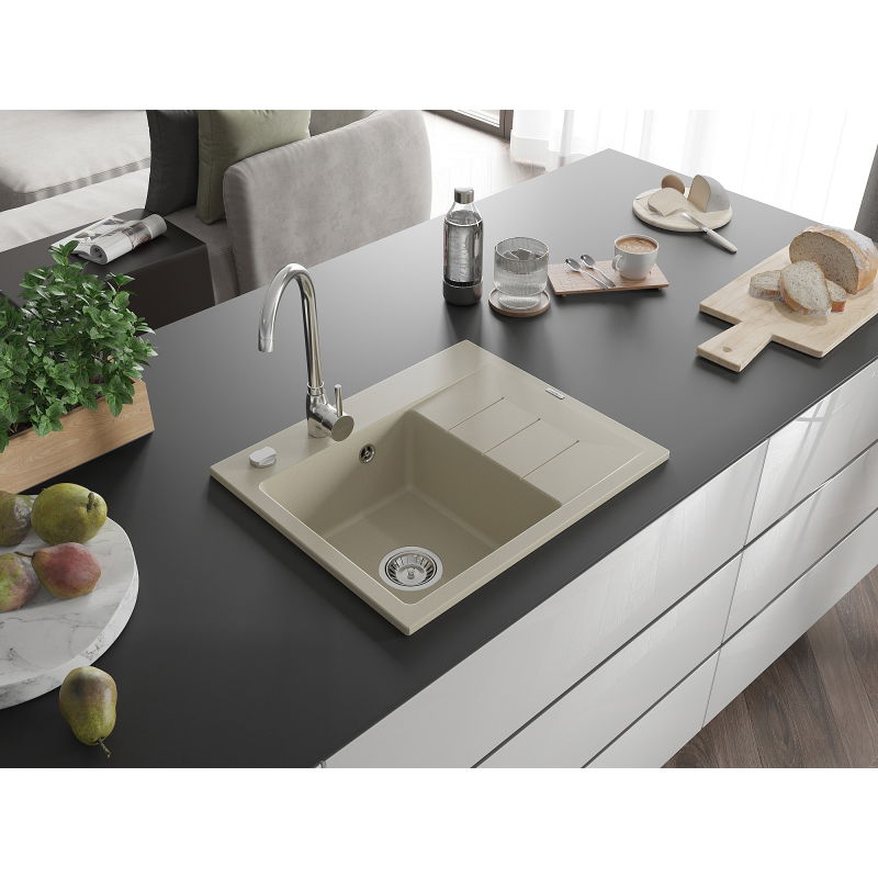 Mexen Ben chiuvetă de granit cu 1 compartiment și scurgător, stânga 600 x 500 mm, bej, sifon crom - 6522605000-69