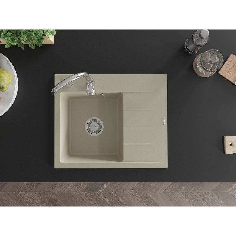Mexen Ben chiuvetă de granit cu 1 compartiment și scurgător, stânga 600 x 500 mm, bej, sifon crom - 6522605000-69