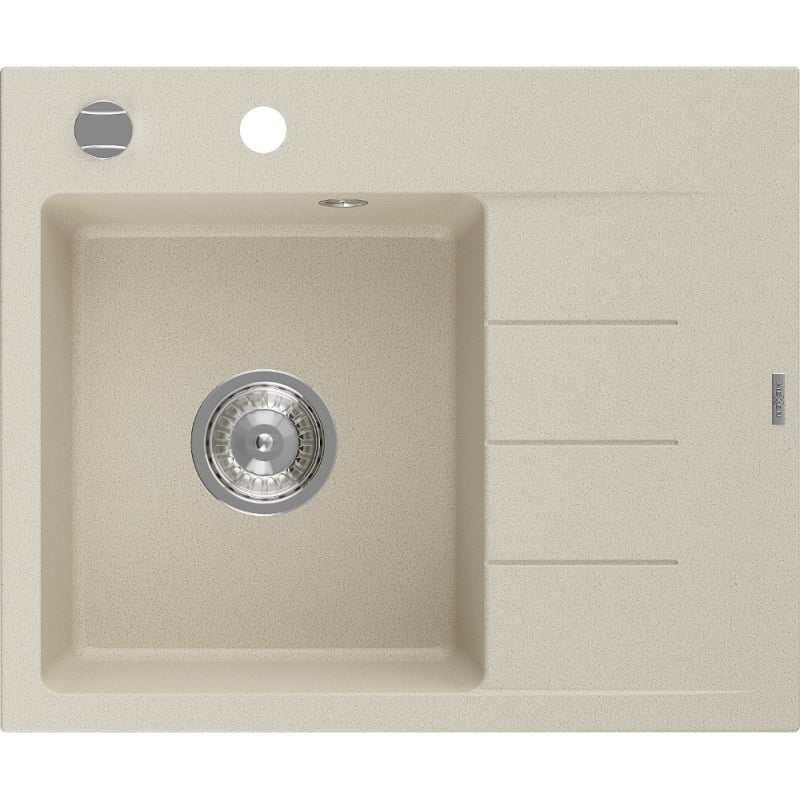 Mexen Ben chiuvetă de granit cu 1 compartiment și scurgător, stânga 600 x 500 mm, bej, sifon crom - 6522605000-69